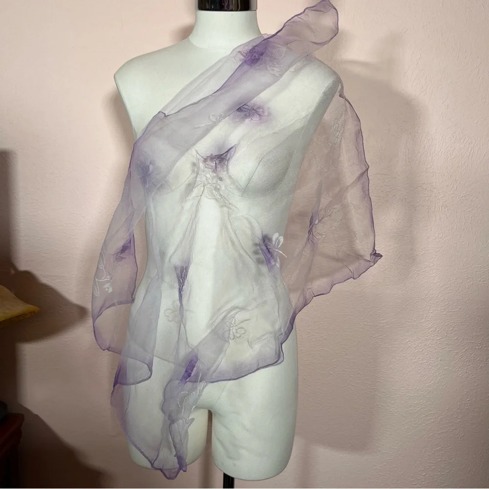 Vintage 1960 70’ semi sheer purple white flocked cottagecore floral Scarf